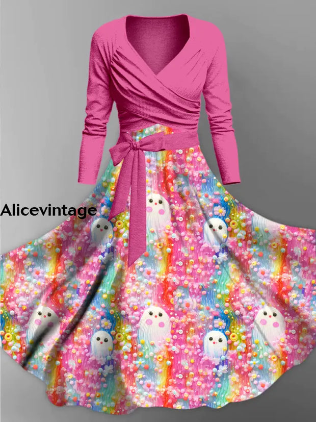 Colorful Ghost Print Vintage V-Neck Long Sleeve Two-Piece Midi Dress A / S