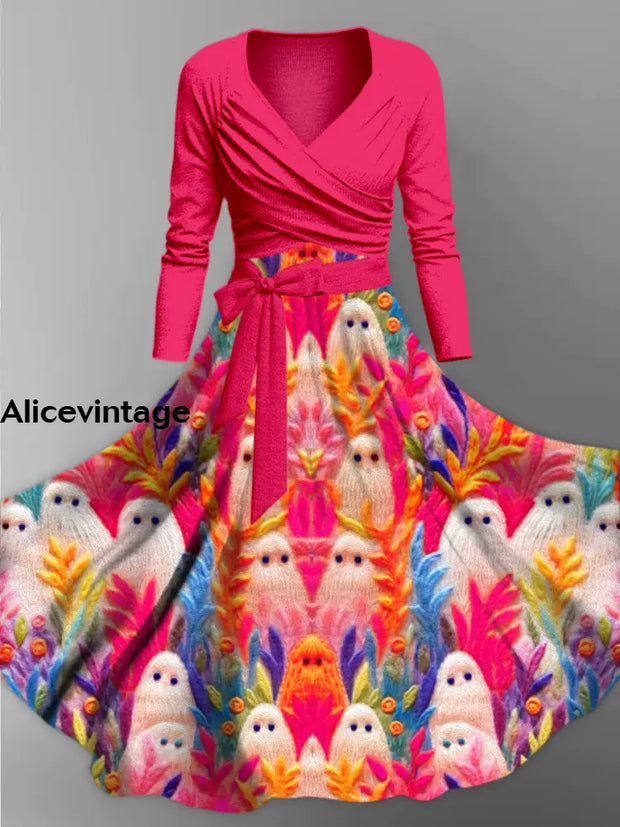 Colorful Ghost Print Vintage V-Neck Long Sleeve Two-Piece Midi Dress A / S