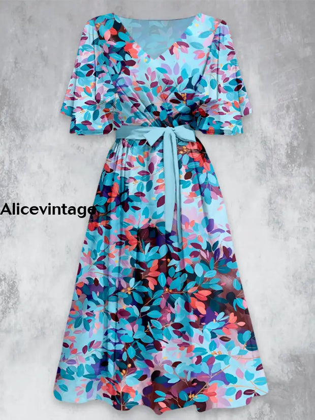 Colorful Leaf Print V-Neck Vintage Chic Short Sleeve Midi Dress A / S