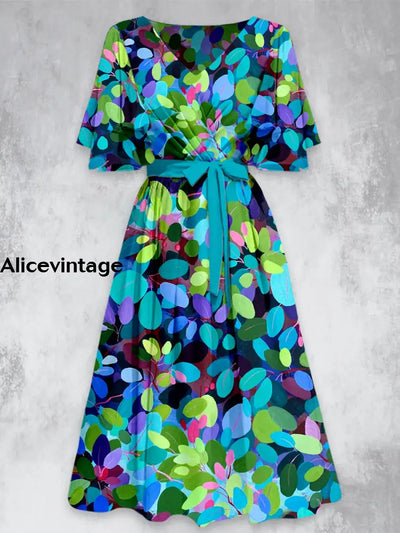 Colorful Leaf Print V-Neck Vintage Chic Short Sleeve Midi Dress A / S