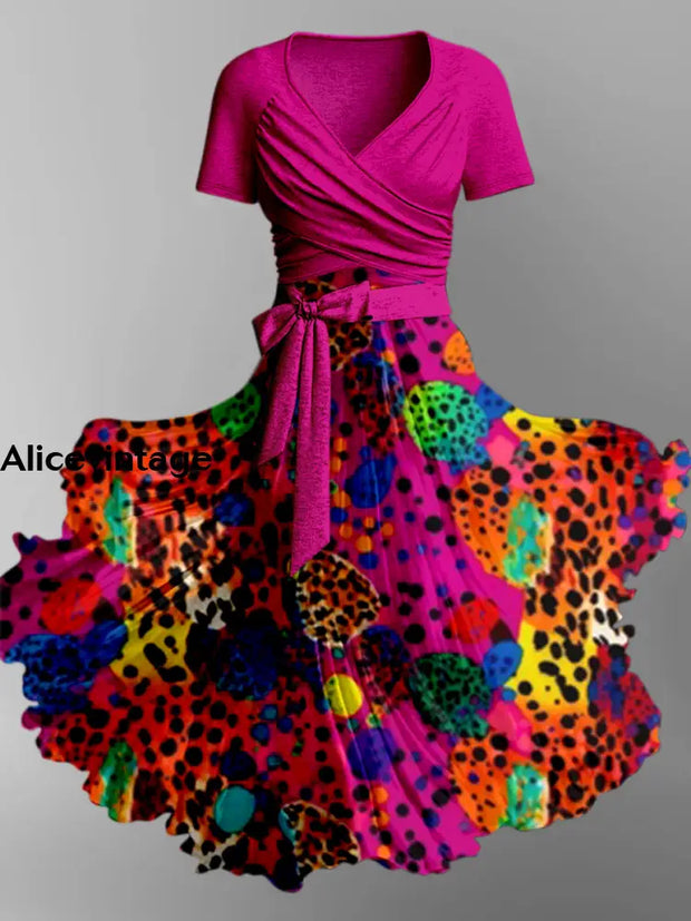 Colorful Leopard Art Print Vintage V-Neck Short Sleeve Two-Piece Midi Dress A / S