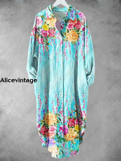 Colorful Spring Flowers Printed V-Neck Lapel Button Loose Long Sleeve Shirt A / S