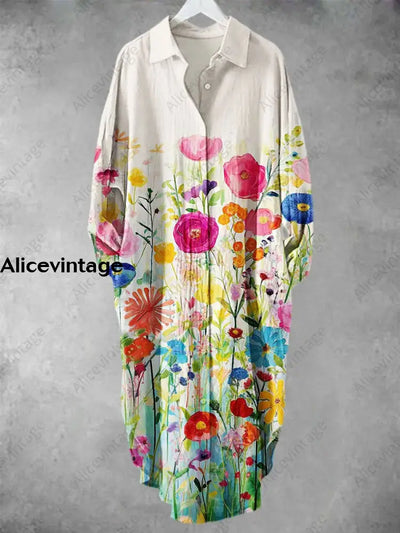 Colorful Spring Flowers Printed V-Neck Lapel Button Loose Long Sleeve Shirt A / S