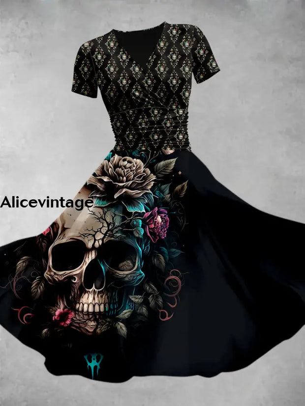 Colourful Punk Skull Flower Print V-Neck Short Sleeve Midi Dress A / S