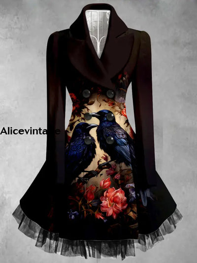 Crow Art Print Vintage Elegant Lapel Button Up Long Sleeve Coat Dress