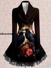 Crow Art Print Vintage Elegant Lapel Button Up Long Sleeve Coat Dress