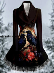 Crow Art Print Vintage Elegant Lapel Button Up Long Sleeve Coat Dress A / S