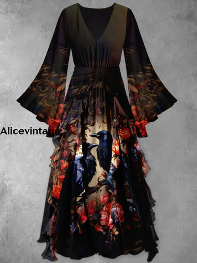 Crow Art Print Vintage Elegant V-Neck Chic Long Sleeve Maxi Dress A / S