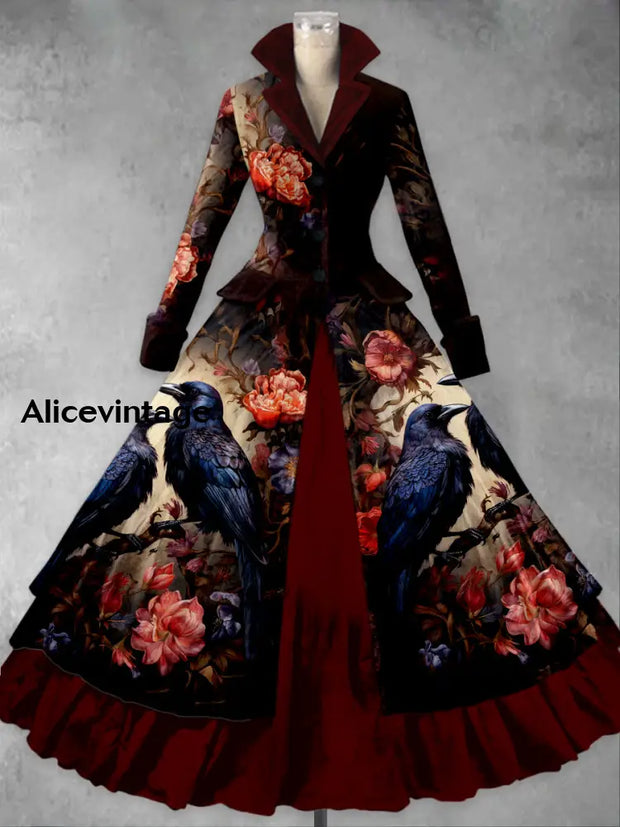 Crow Floral Print Vintage Elegant Lapel V-Neck Long Sleeve Maxi Dress