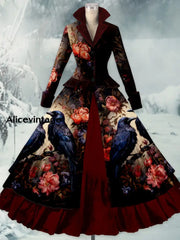 Crow Floral Print Vintage Elegant Lapel V-Neck Long Sleeve Maxi Dress A / S