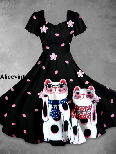 Cute Cat Art Print Vintage Fashion Short Sleeve Midi Dress A / S