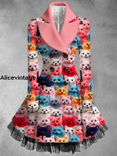 Cute Cats Print Vintage Elegant Lapel V-Neck Button Up Long Sleeve Coat Dress