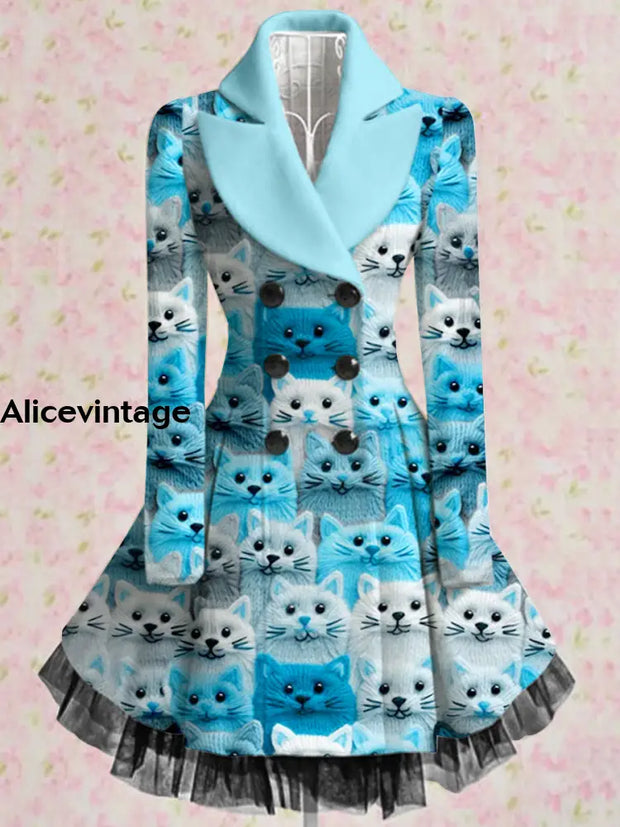 Cute Cats Print Vintage Elegant Lapel V-Neck Button Up Long Sleeve Coat Dress