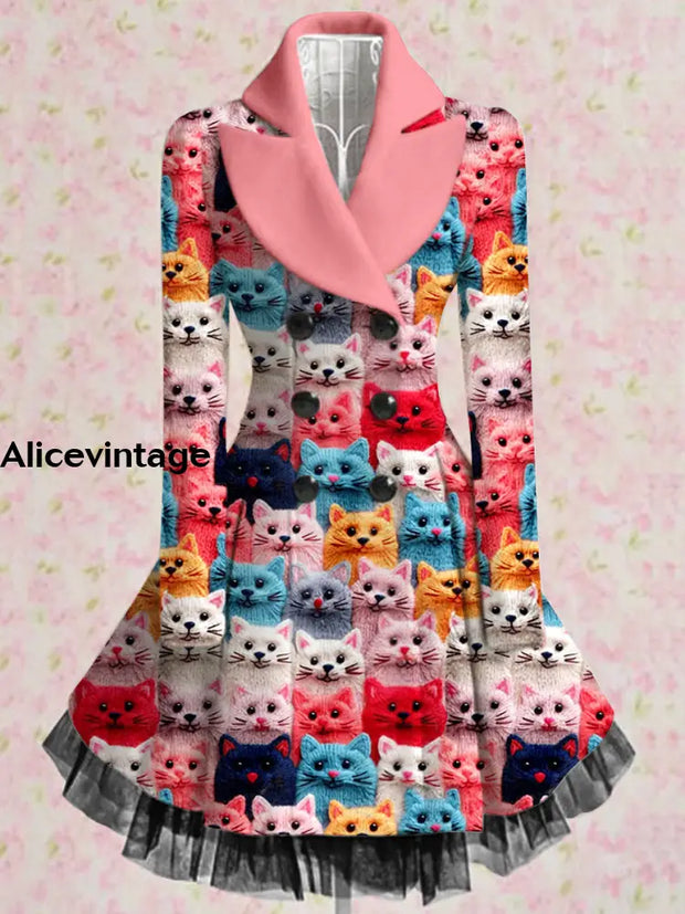 Cute Cats Print Vintage Elegant Lapel V-Neck Button Up Long Sleeve Coat Dress