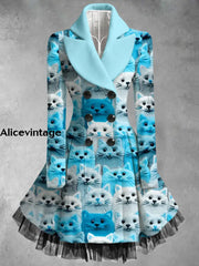 Cute Cats Print Vintage Elegant Lapel V-Neck Button Up Long Sleeve Coat Dress