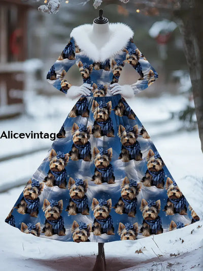 Cute Dogs Print Vintage Elegant Fur Collar Long Sleeve Midi Dress A / S