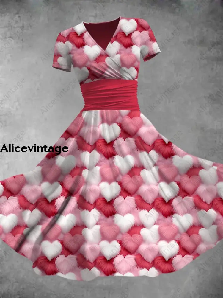 Cute Furry Love Heart Printed V-Neck Short Sleeve Fashion Midi Dress A / S