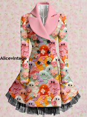 Cute Ghost Print Vintage Elegant Lapel V-Neck Button Up Long Sleeve Coat Dress