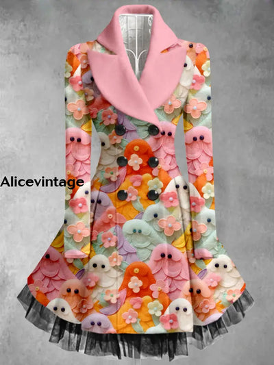 Cute Ghost Print Vintage Elegant Lapel V-Neck Button Up Long Sleeve Coat Dress