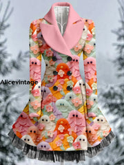 Cute Ghost Print Vintage Elegant Lapel V-Neck Button Up Long Sleeve Coat Dress A / S