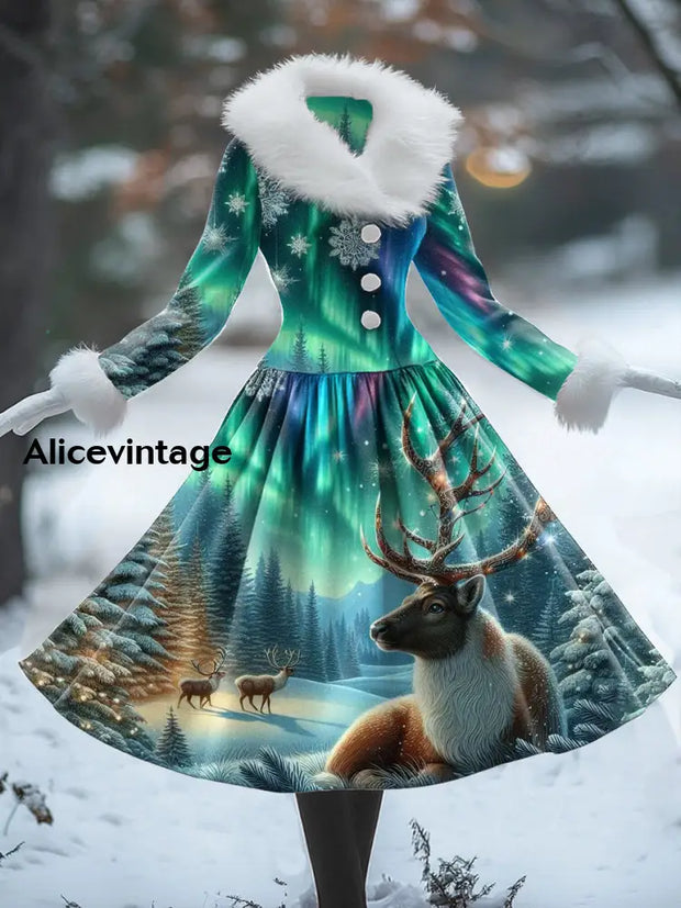 Deer Art Print Vintage Elegant V-Neck Fur Collar Long Sleeve Midi Dress A / S