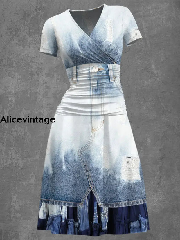 Denim Abstract Printed V-Neck Vintage Chic Strap Short Sleeve Midi Dress A / S