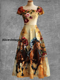 Women’s Vintage Derby Day Print Short Sleeve Elegant Midi Dress A / S