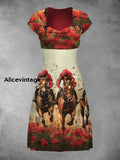 Derby Art Print Short Sleeve Vintage Midi Dress Derby Dress A / S