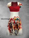 Derby Art Print Short Sleeve Vintage Midi Dress Derby Dress A / S