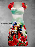 Derby Art Print Short Sleeve Vintage Midi Dress Derby Dress A / S