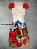 Derby Art Print Short Sleeve Vintage Midi Dress Derby Dress A / S
