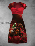 Derby Art Print Short Sleeve Vintage Midi Dress Derby Dress A / S