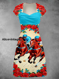 Derby Art Print Short Sleeve Vintage Midi Dress Derby Dress A / S