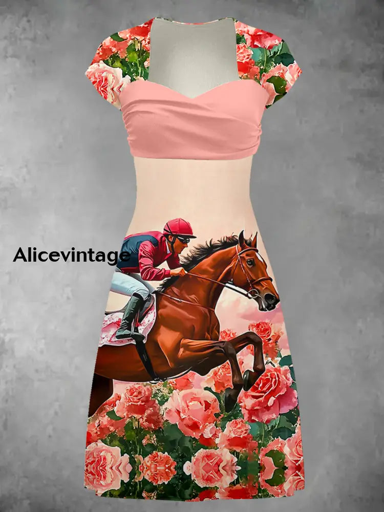 Derby Art Print Short Sleeve Vintage Midi Dress Derby Dress A / S
