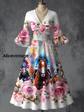 Derby Art Print V-Neck Flare Sleeve Vintage Elegant Dress Derby Dress A / S