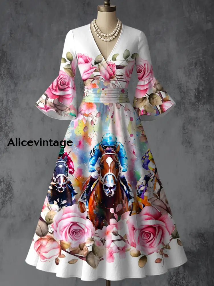 Derby Art Print V-Neck Flare Sleeve Vintage Elegant Dress Derby Dress A / S