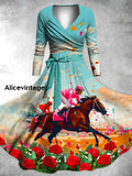 Derby Art Print V-Neck Long Sleeve Vintage Two-Piece Midi Dress Derby Dress A / S