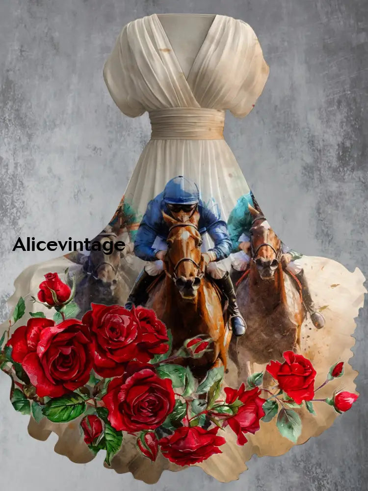 Retro Dreby Horse Floral Art Printed Elegant V-Neck Vintage Short Sleeve Maxi Dress A / S