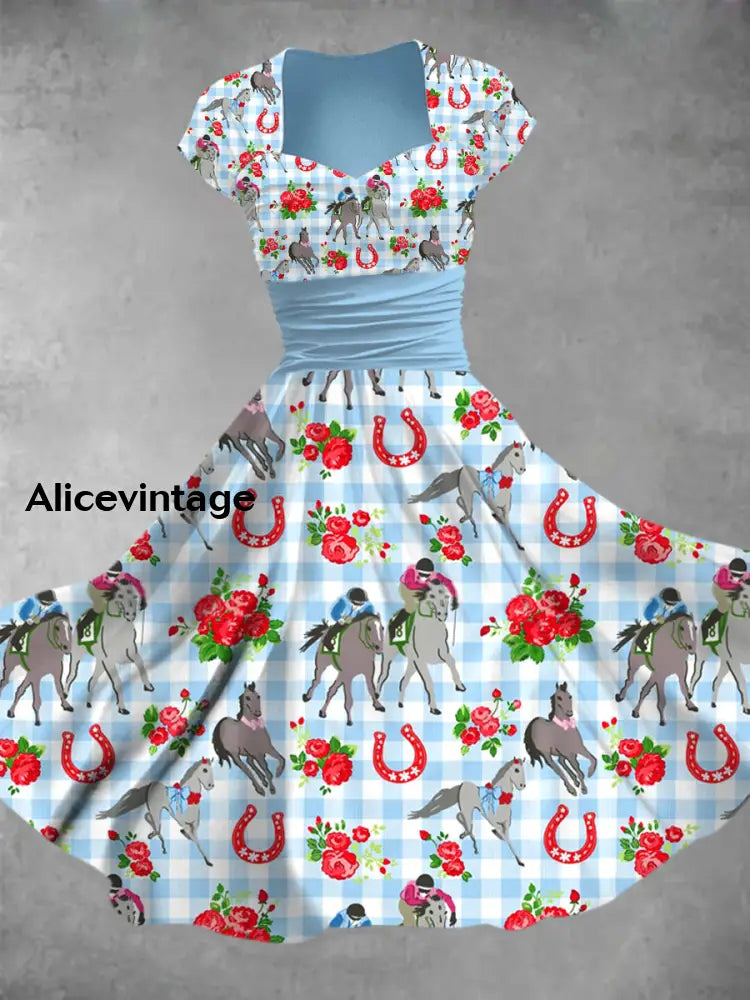Derby Art Print V-Neck Short Sleeve Vintage Midi Dress Derby Dress A / S