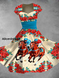 Derby Art Print V-Neck Short Sleeve Vintage Midi Dress Derby Dress A / S