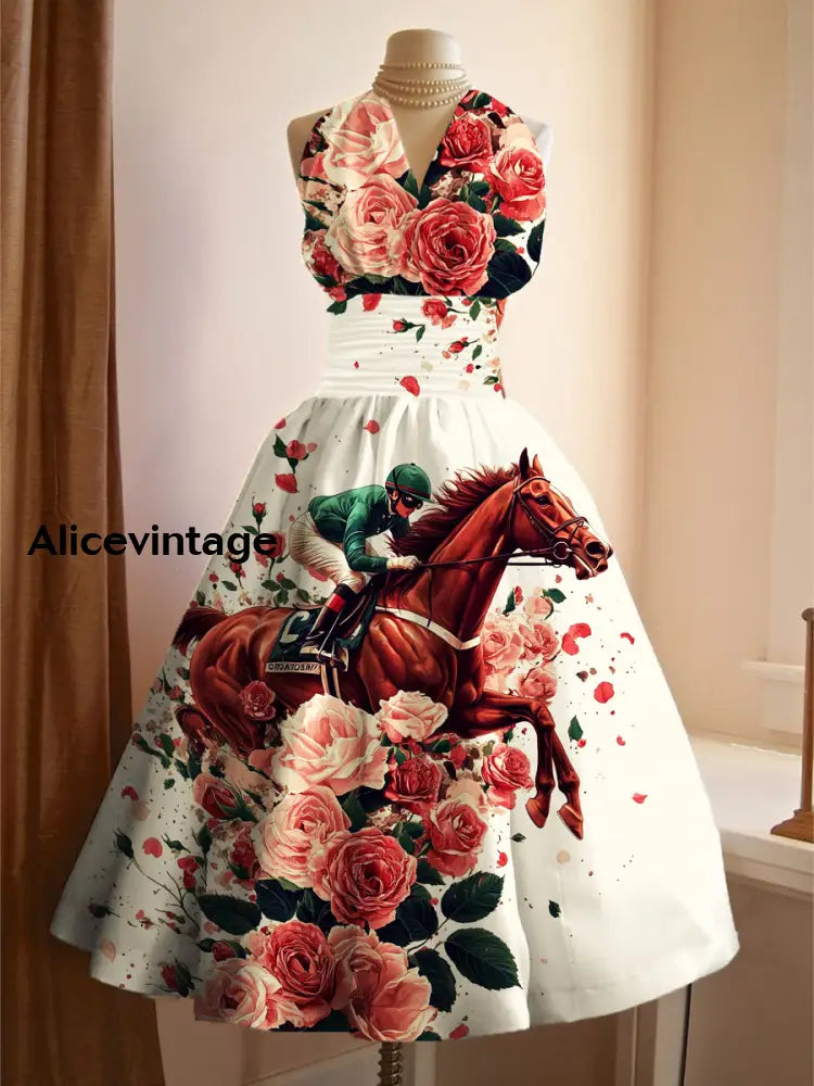 Derby Art Print V-Neck Sleeveless Vintage Elegant Dress Derby Dress A / S