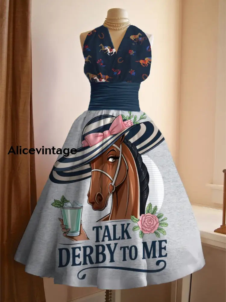 Derby Art Print V-Neck Sleeveless Vintage Elegant Dress Derby Dress A / S