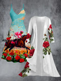 Retro Dreby Horse Art Printed Vintage Camisole Dress Long Sleeve Two-Piece Midi Dress A / S