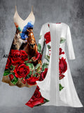 Retro Dreby Horse Art Printed Vintage Camisole Dress Long Sleeve Two-Piece Midi Dress A / S