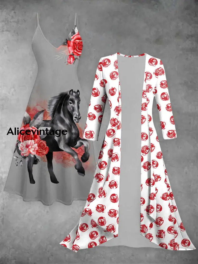Derby Art Print Vintage Elegant Suspender Dress Two Piece Sets Gray / S