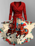 Derby Art Print Vintage V-neck Long Sleeve Two-Piece Midi Dress Derby Dress A / S