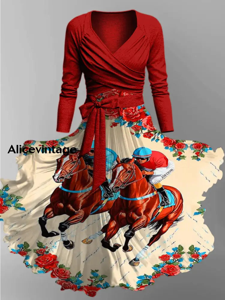 Derby Art Print Vintage V-neck Long Sleeve Two-Piece Midi Dress Derby Dress A / S