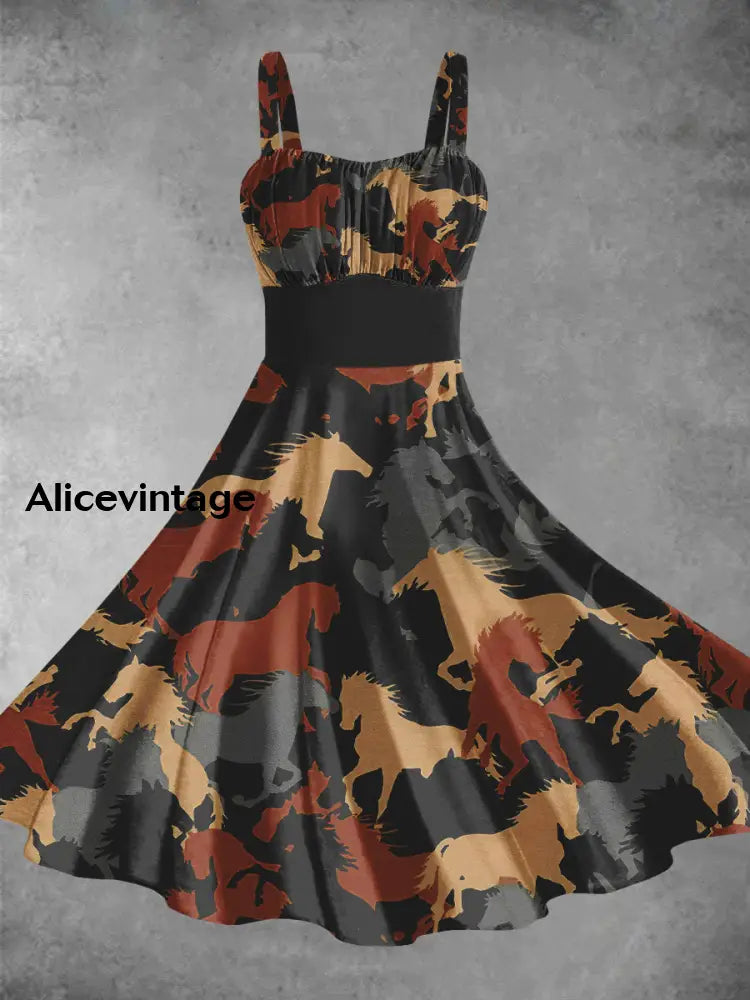 Derby Day Horse Art Print Vintage Suspender Dress S