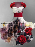 Derby Floral Art Print Short Sleeve Vintage Midi Dress A / S