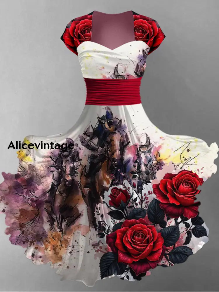 Derby Floral Art Print Short Sleeve Vintage Midi Dress A / S